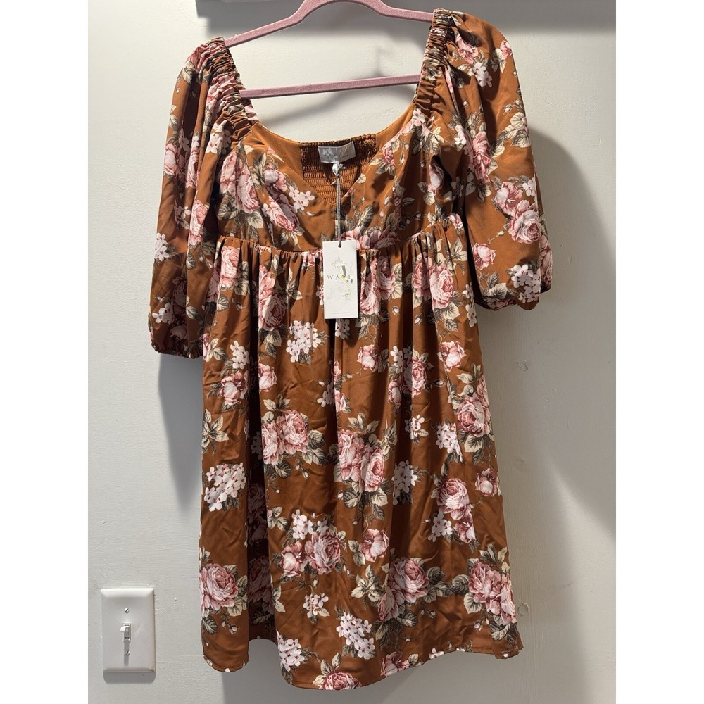 Wayf Womens Pecan Floral Peasant Baby Doll 3/4 Sleeve Mini Dress Sz Xs - Picture 6 of 13